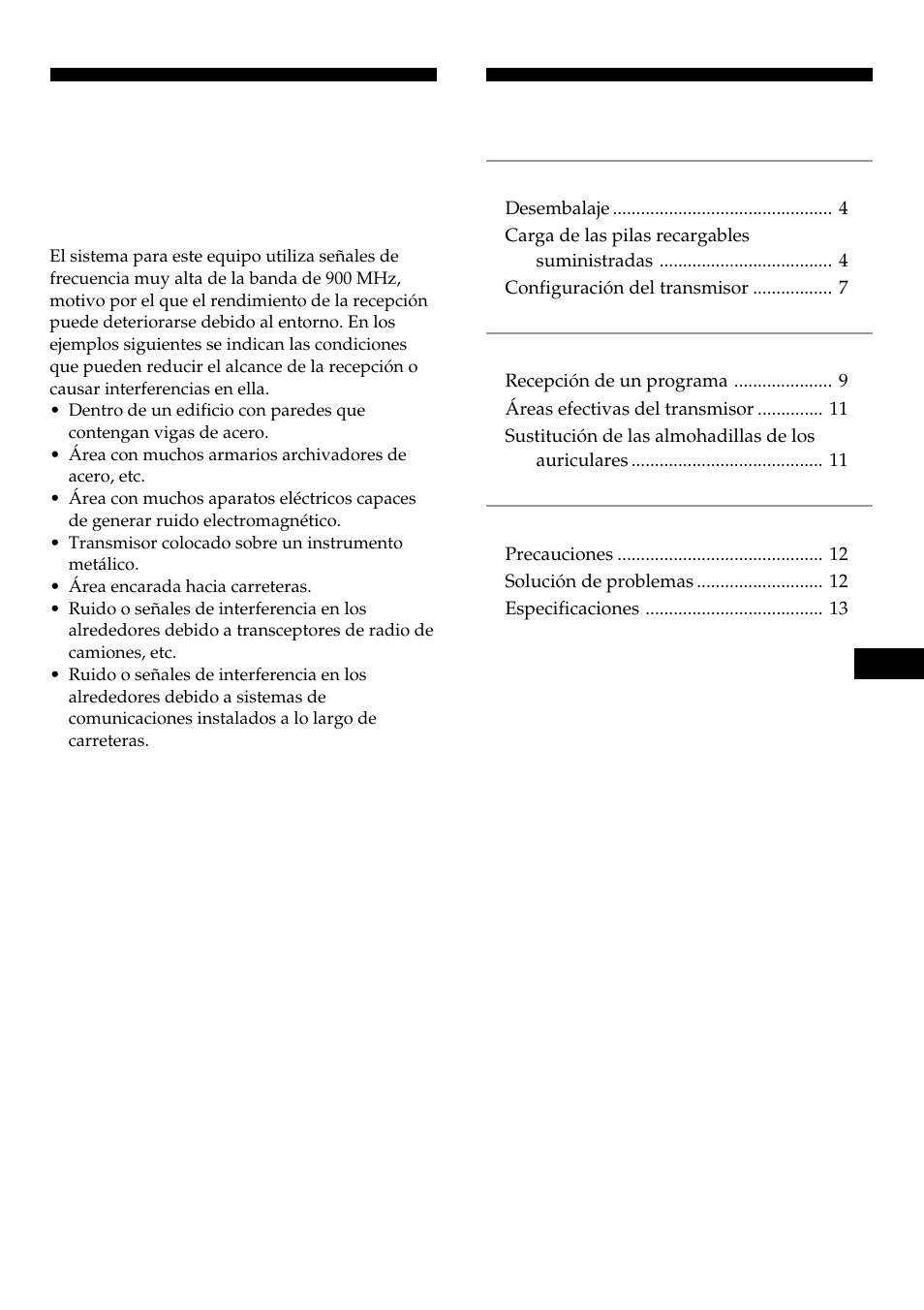 Notas sobre el rendimiento de recepción, Índice | Sony MDR-RF960RK User Manual | Page 27 / 40