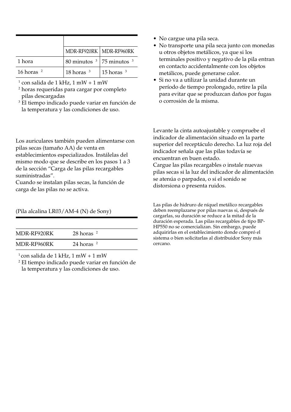 Horas de carga y uso, Duración de la pila, Notas acerca de las pilas | Comprobación de la energía restante de las pilas | Sony MDR-RF960RK User Manual | Page 30 / 40