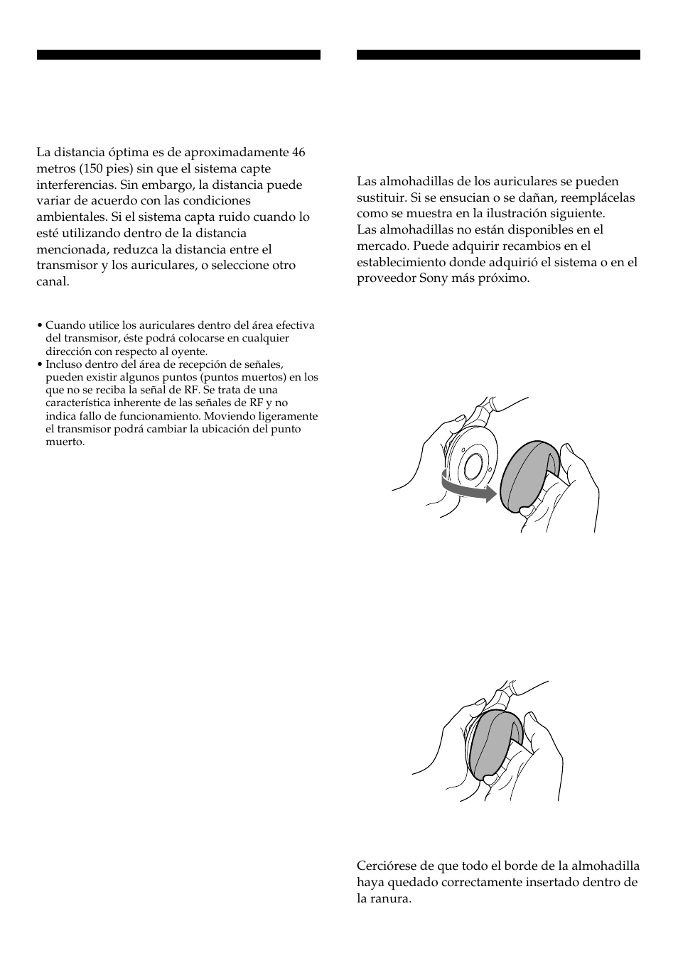 Sustitución de las almohadillas de los auriculares, Áreas efectivas del transmisor | Sony MDR-RF960RK User Manual | Page 35 / 40