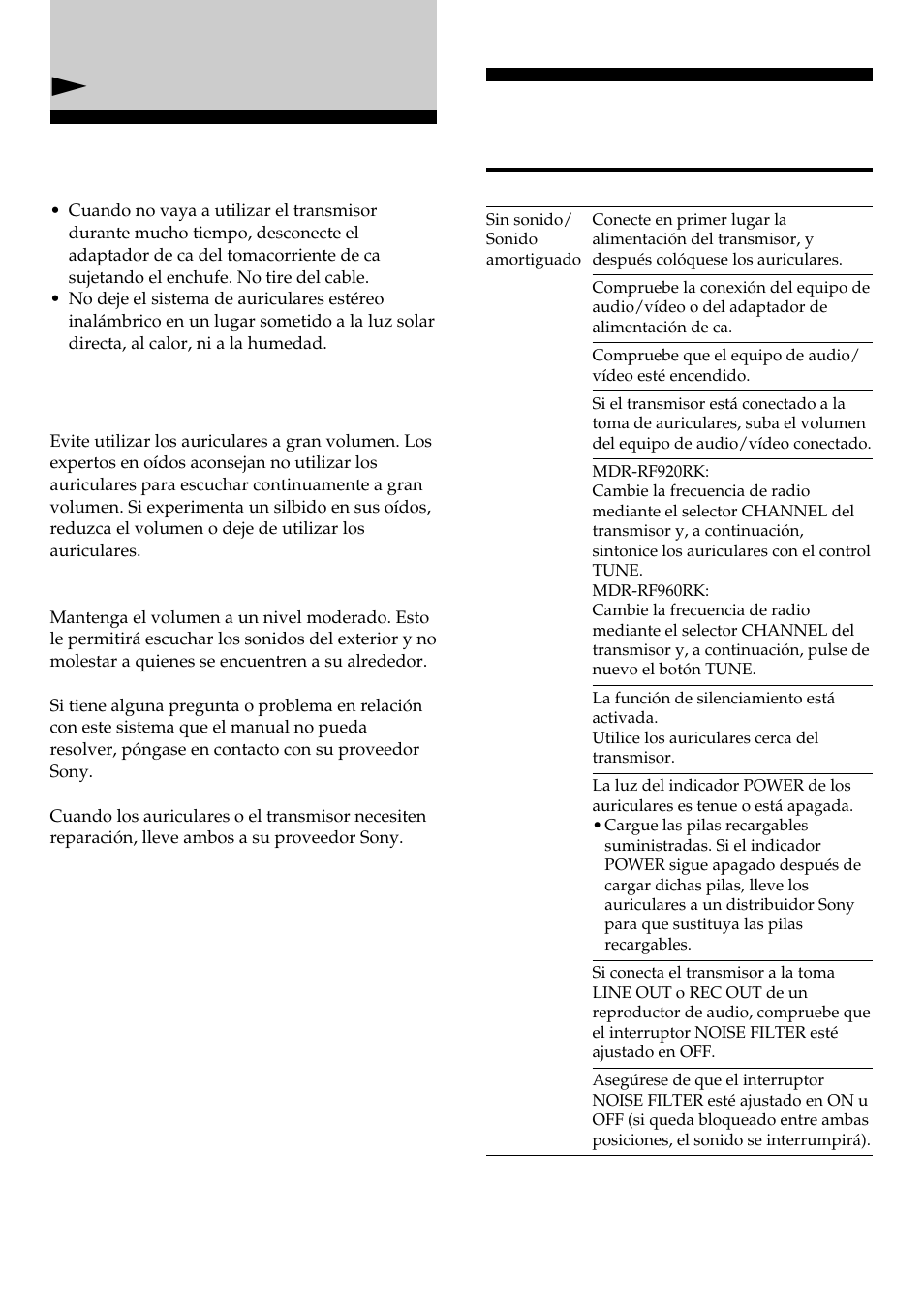 Precauciones, Solución de problemas, Ninformación adicional | Sony MDR-RF960RK User Manual | Page 36 / 40