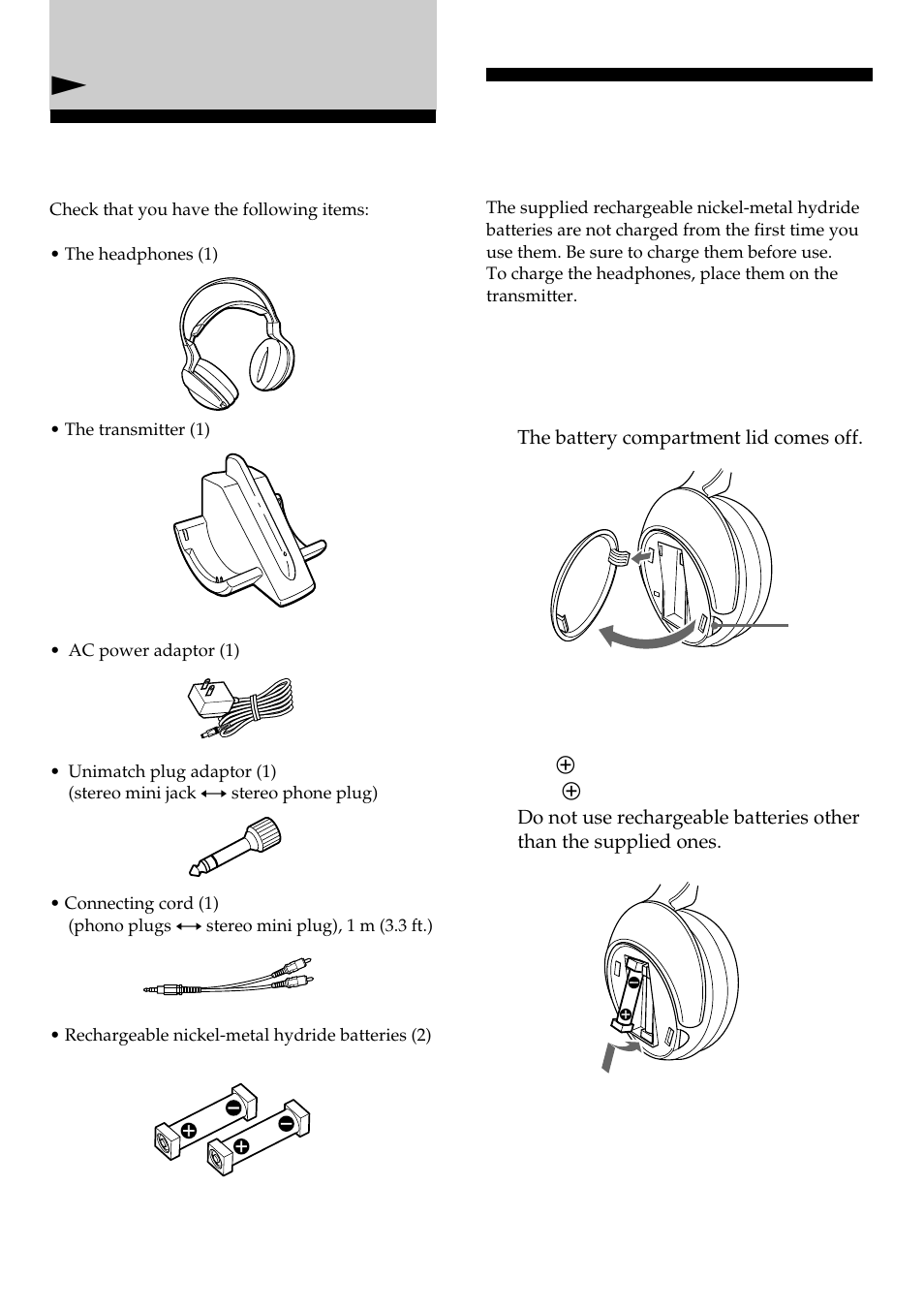 Unpacking, Charging the supplied rechargeable batteries, Ngetting started | Sony MDR-RF960RK User Manual | Page 4 / 40