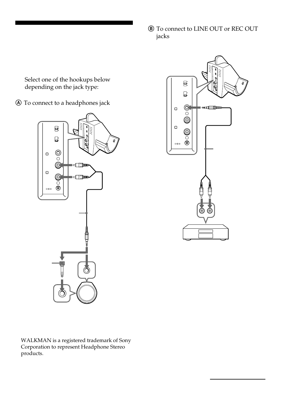 Setting up the transmitter 1, Connect the transmitter to audio/ video equipment, Bto connect to line out or rec out jacks | Continue to next page | Sony MDR-RF960RK User Manual | Page 7 / 40