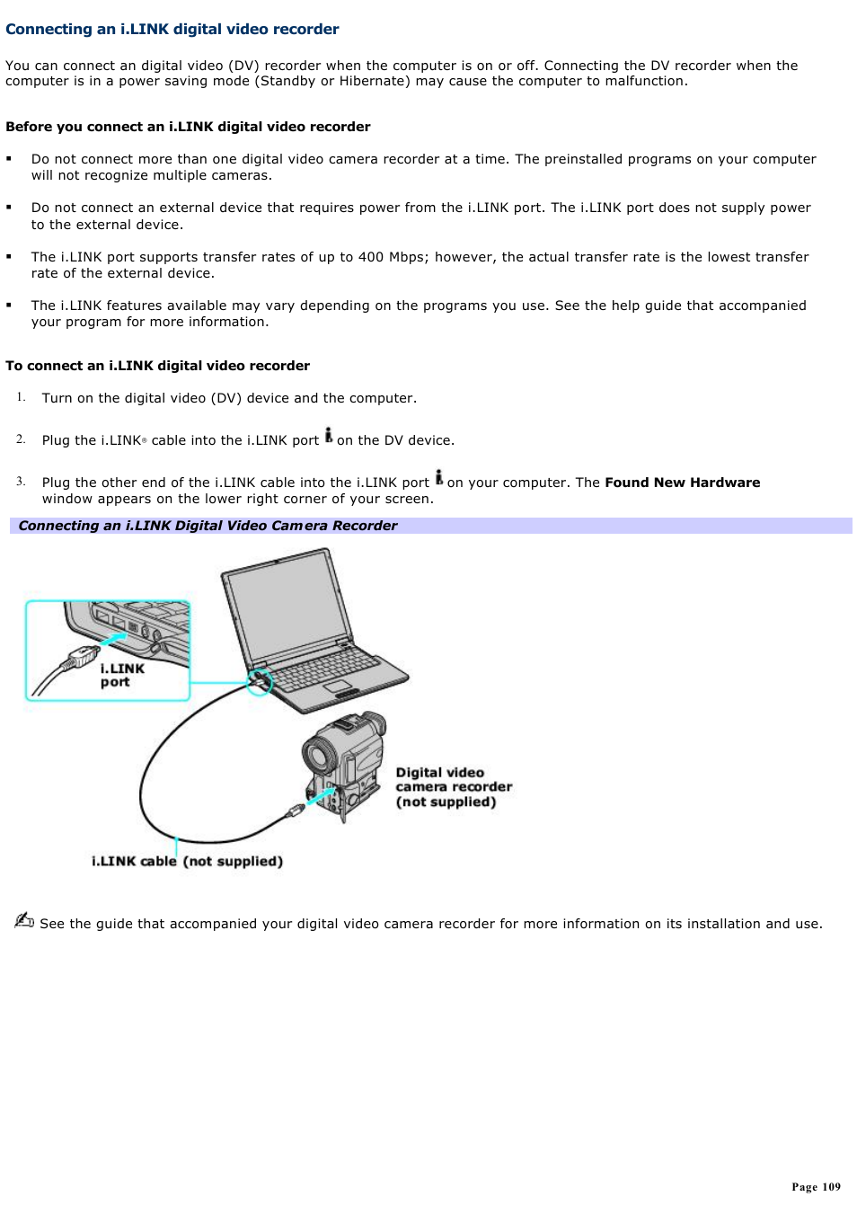 Connecting an i.link digital video recorder | Sony PCG-Z1RAP1 User Manual | Page 109 / 147