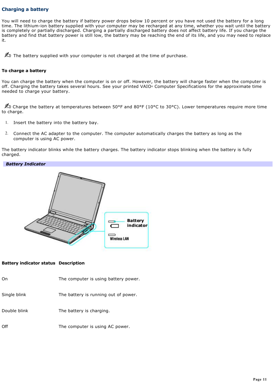 Charging a battery | Sony PCG-Z1RAP1 User Manual | Page 11 / 147