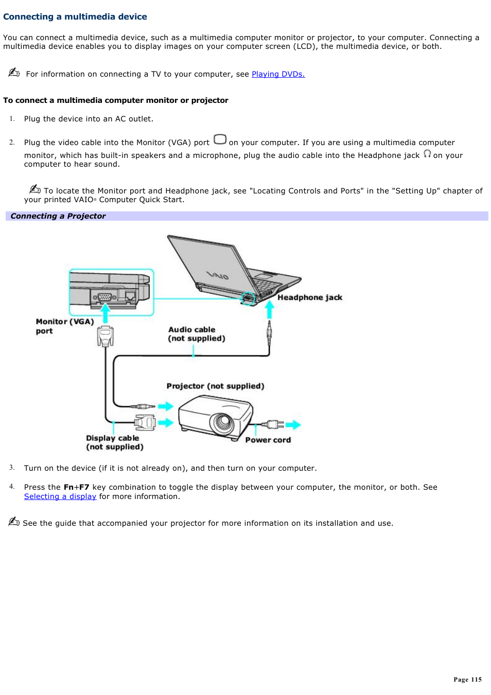 Connecting a multimedia device | Sony PCG-Z1RAP1 User Manual | Page 115 / 147