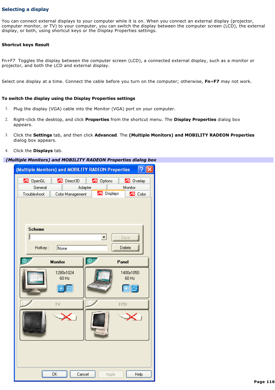 Selecting a display, For more, And flat-panel display. see | For more information | Sony PCG-Z1RAP1 User Manual | Page 116 / 147