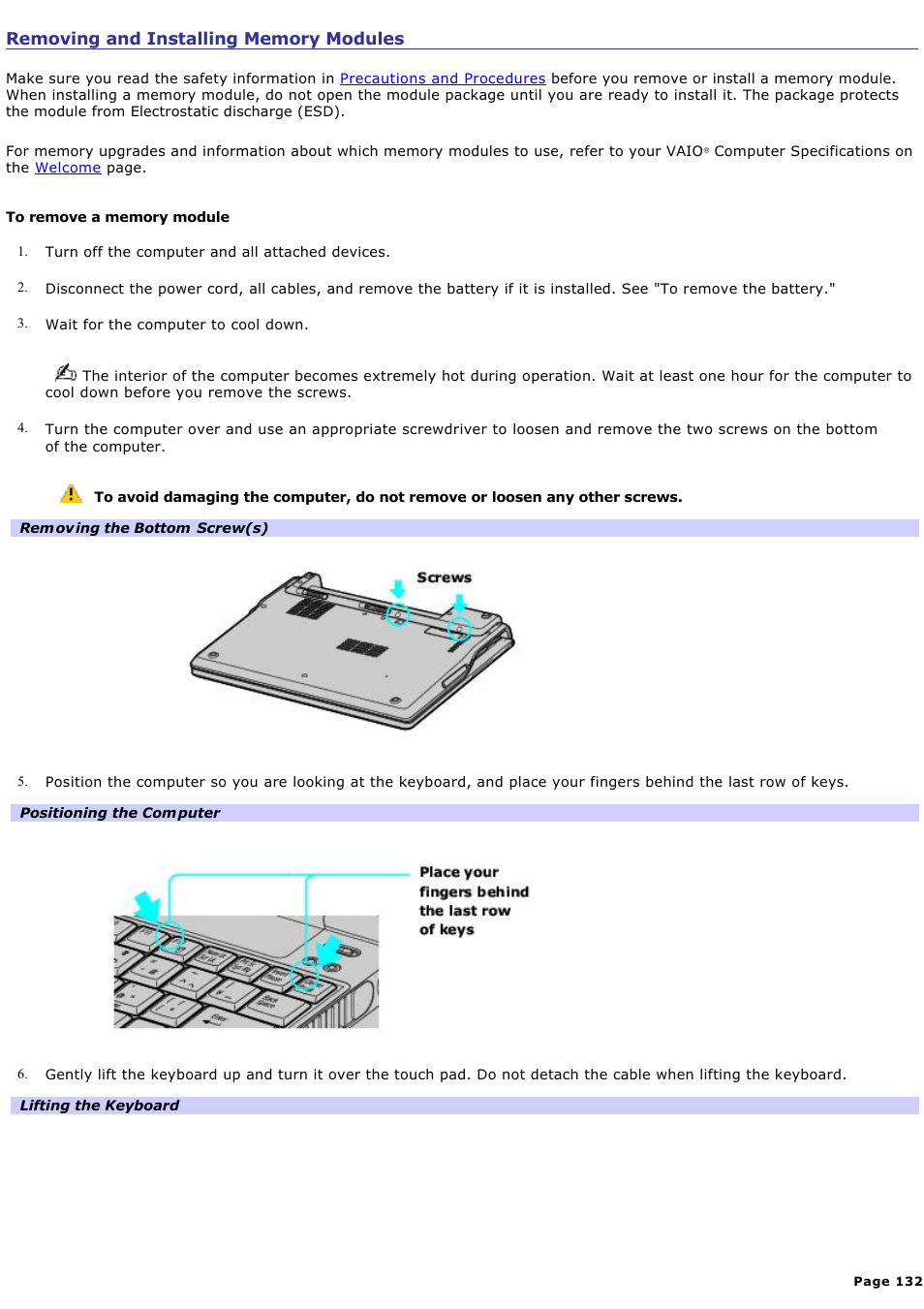 Removing and installing memory modules | Sony PCG-Z1RAP1 User Manual | Page 132 / 147