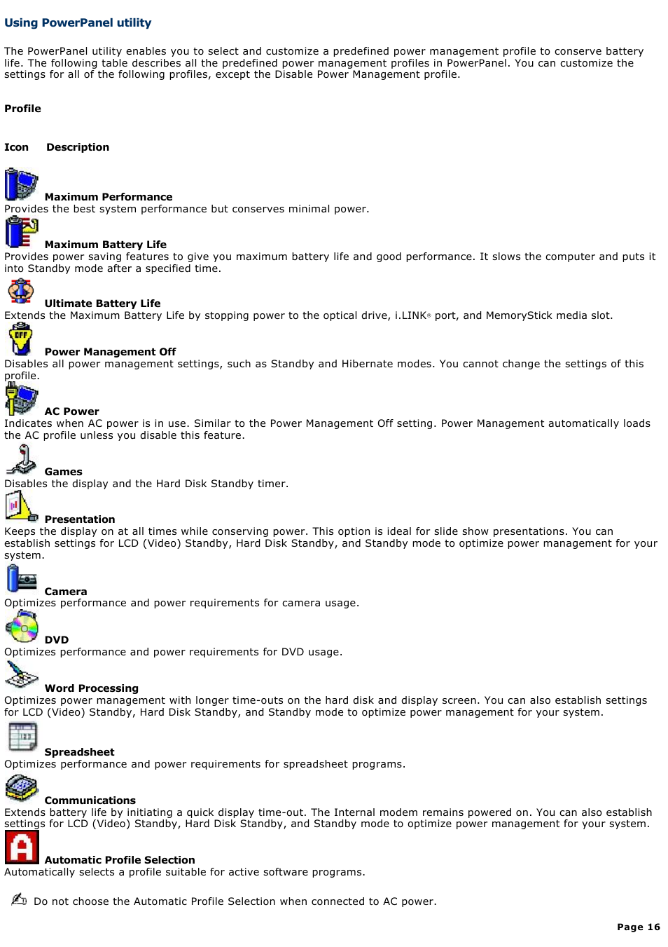 Using powerpanel utility | Sony PCG-Z1RAP1 User Manual | Page 16 / 147