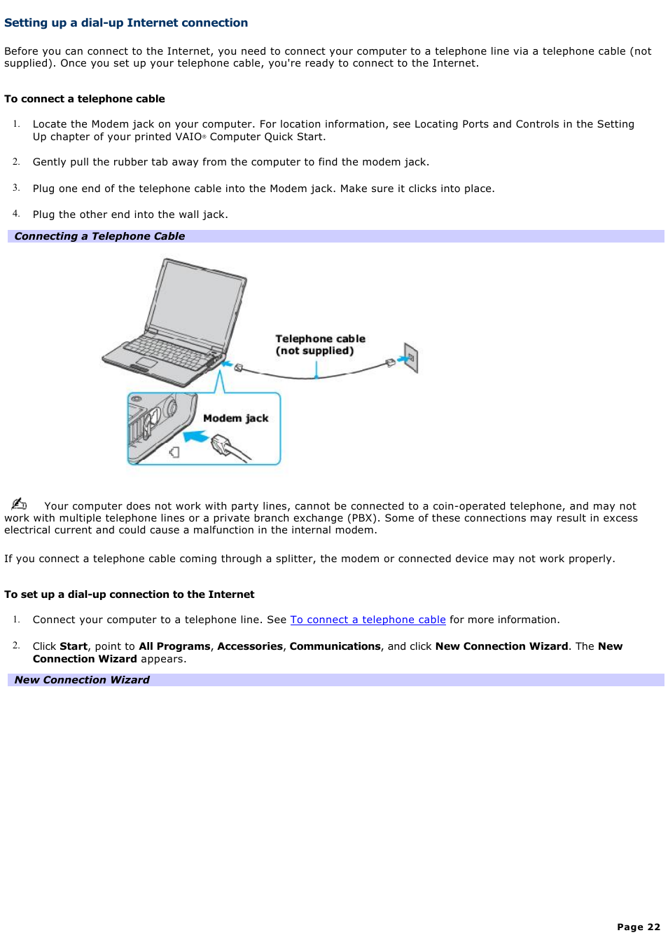 Setting up a dial-up internet connection | Sony PCG-Z1RAP1 User Manual | Page 22 / 147