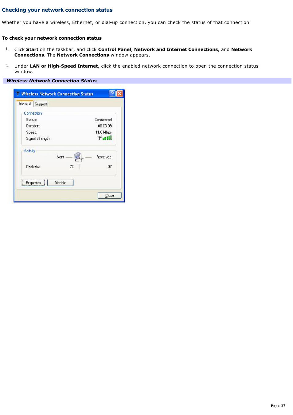 Checking your network connection status | Sony PCG-Z1RAP1 User Manual | Page 37 / 147