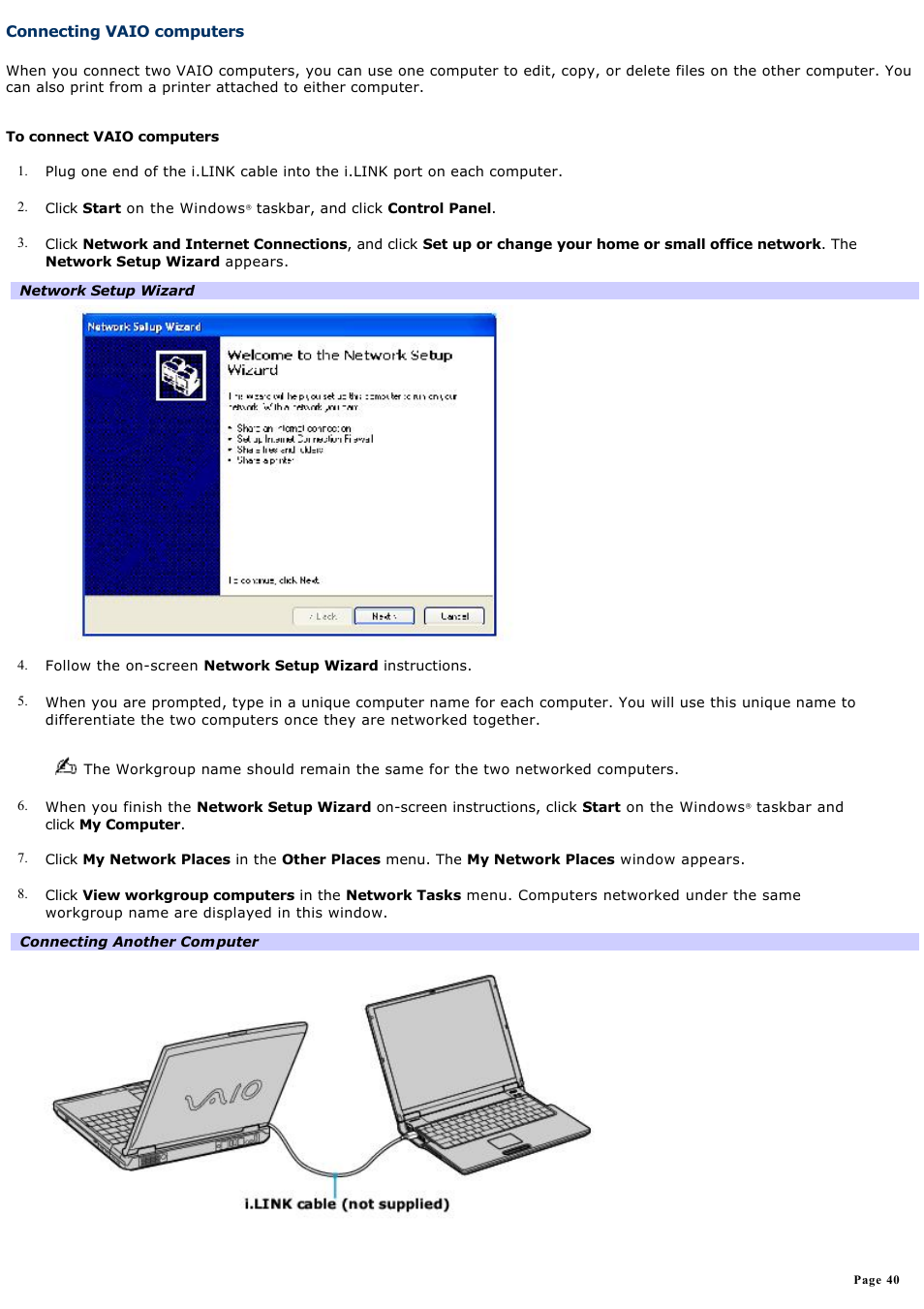 Connecting vaio computers | Sony PCG-Z1RAP1 User Manual | Page 40 / 147