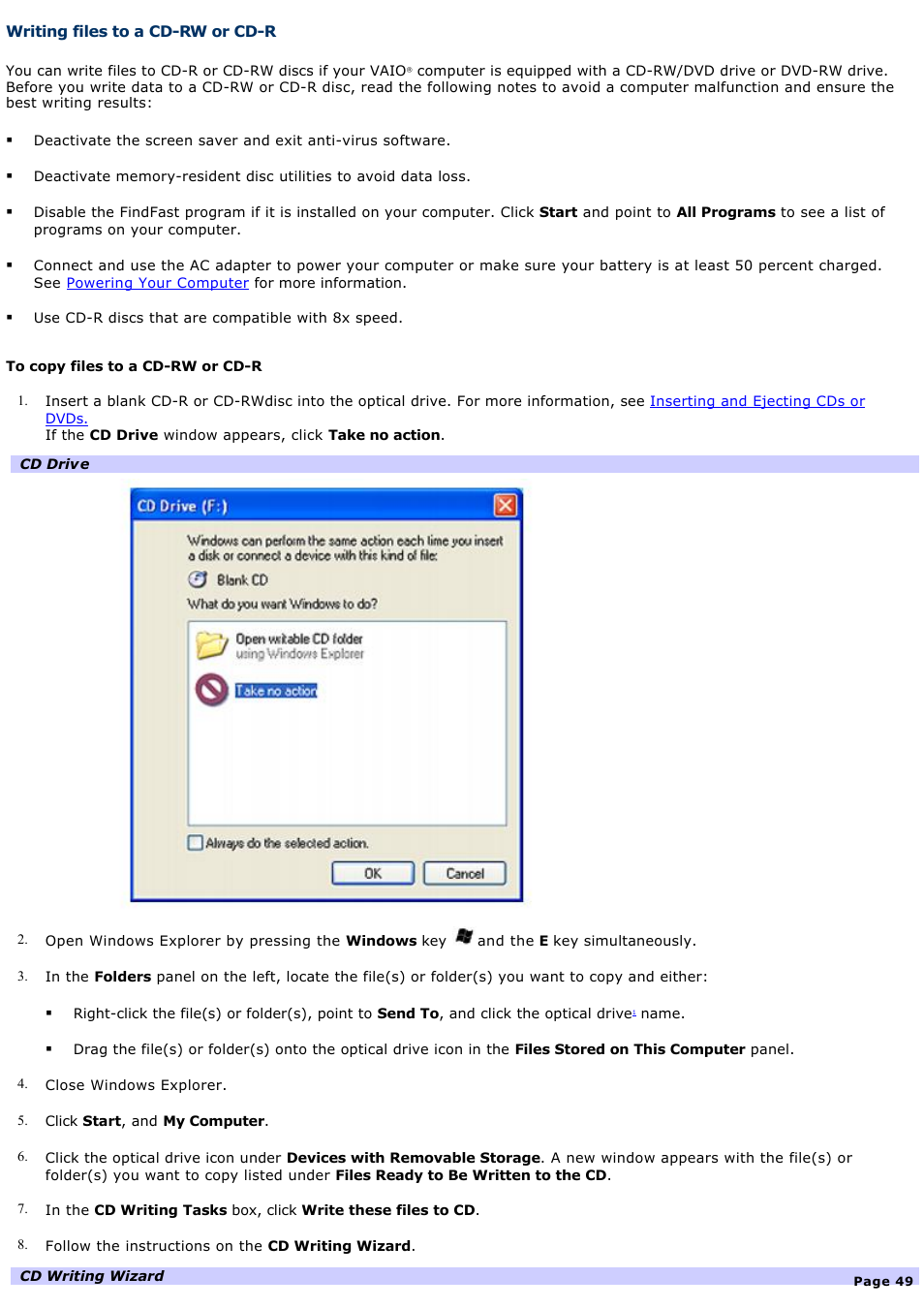 Writing files to a cd-rw or cd-r | Sony PCG-Z1RAP1 User Manual | Page 49 / 147