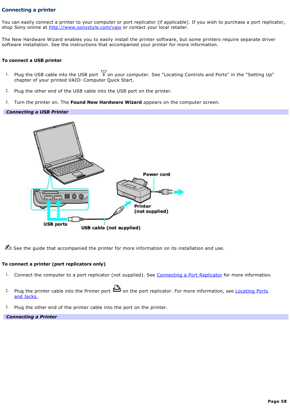 Connecting a printer | Sony PCG-Z1RAP1 User Manual | Page 58 / 147