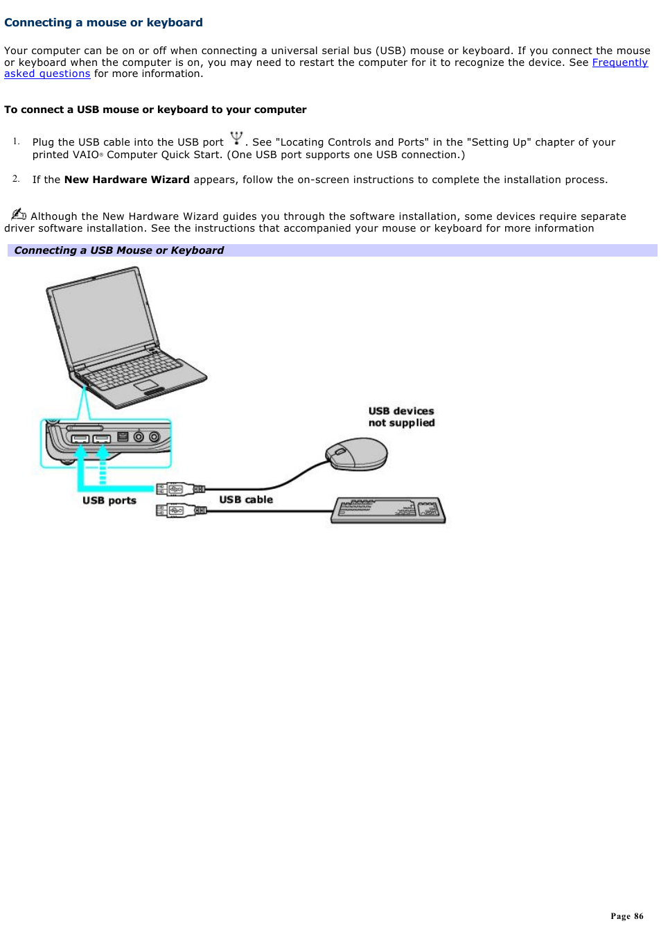 Connecting a mouse or keyboard | Sony PCG-Z1RAP1 User Manual | Page 86 / 147