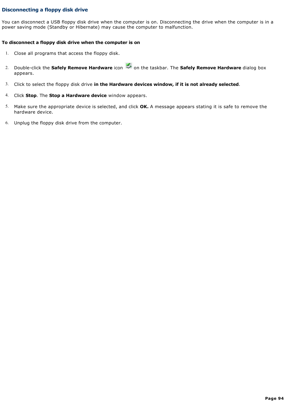 Disconnecting a floppy disk drive | Sony PCG-Z1RAP1 User Manual | Page 94 / 147