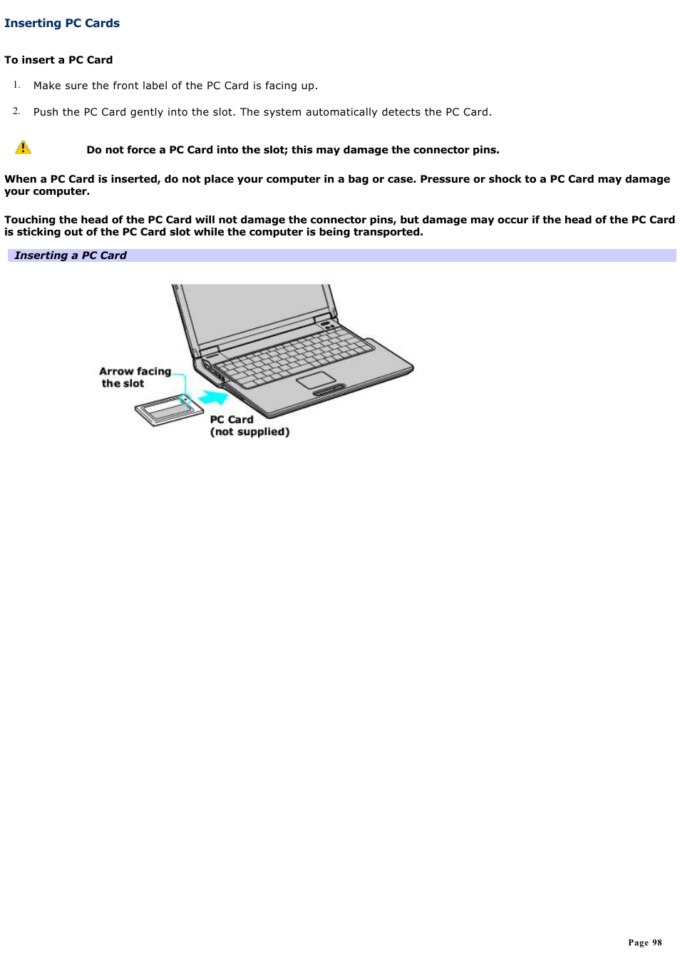 Inserting pc cards | Sony PCG-Z1RAP1 User Manual | Page 98 / 147