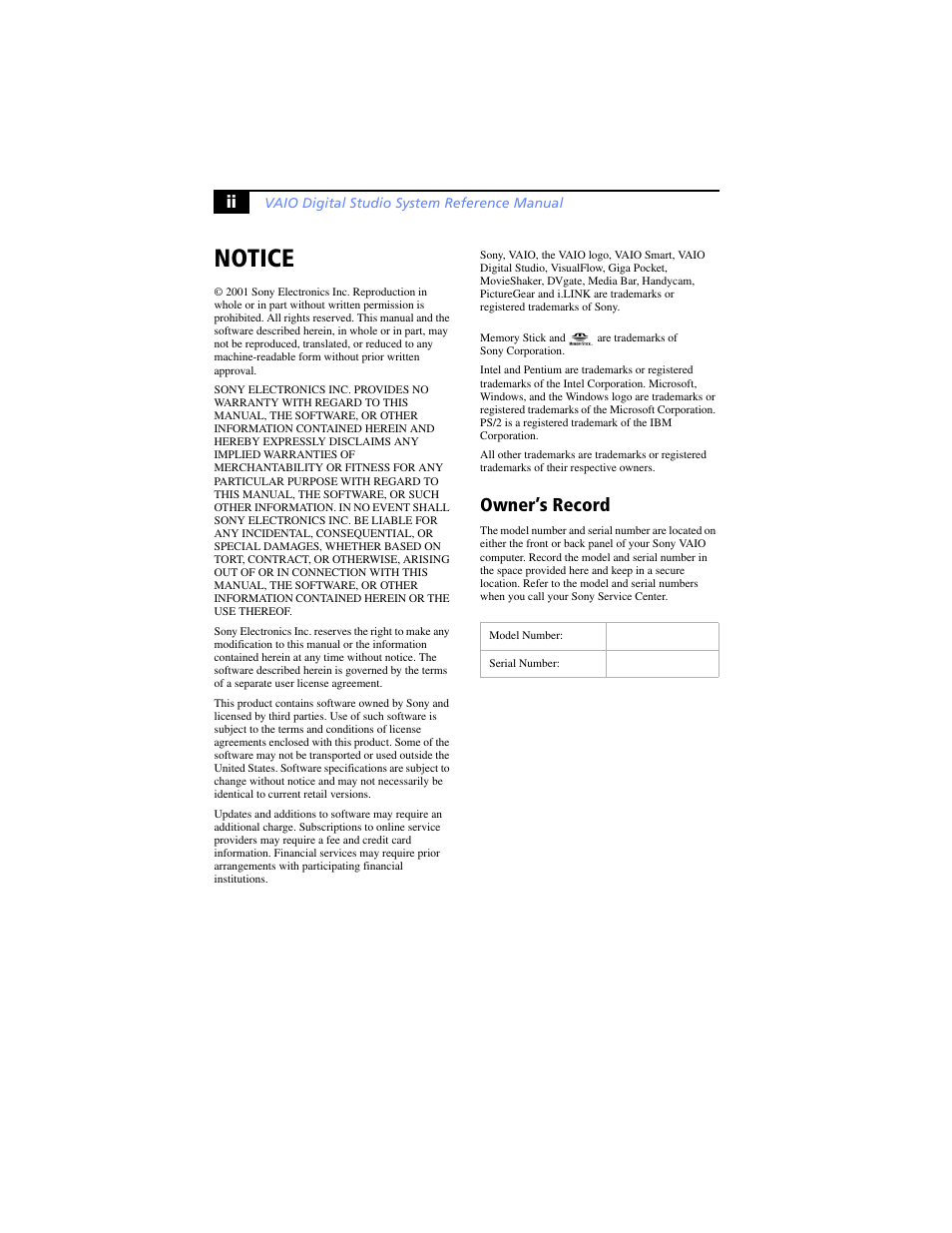 Notice, Owner’s record | Sony PCV-RX590G User Manual | Page 2 / 98