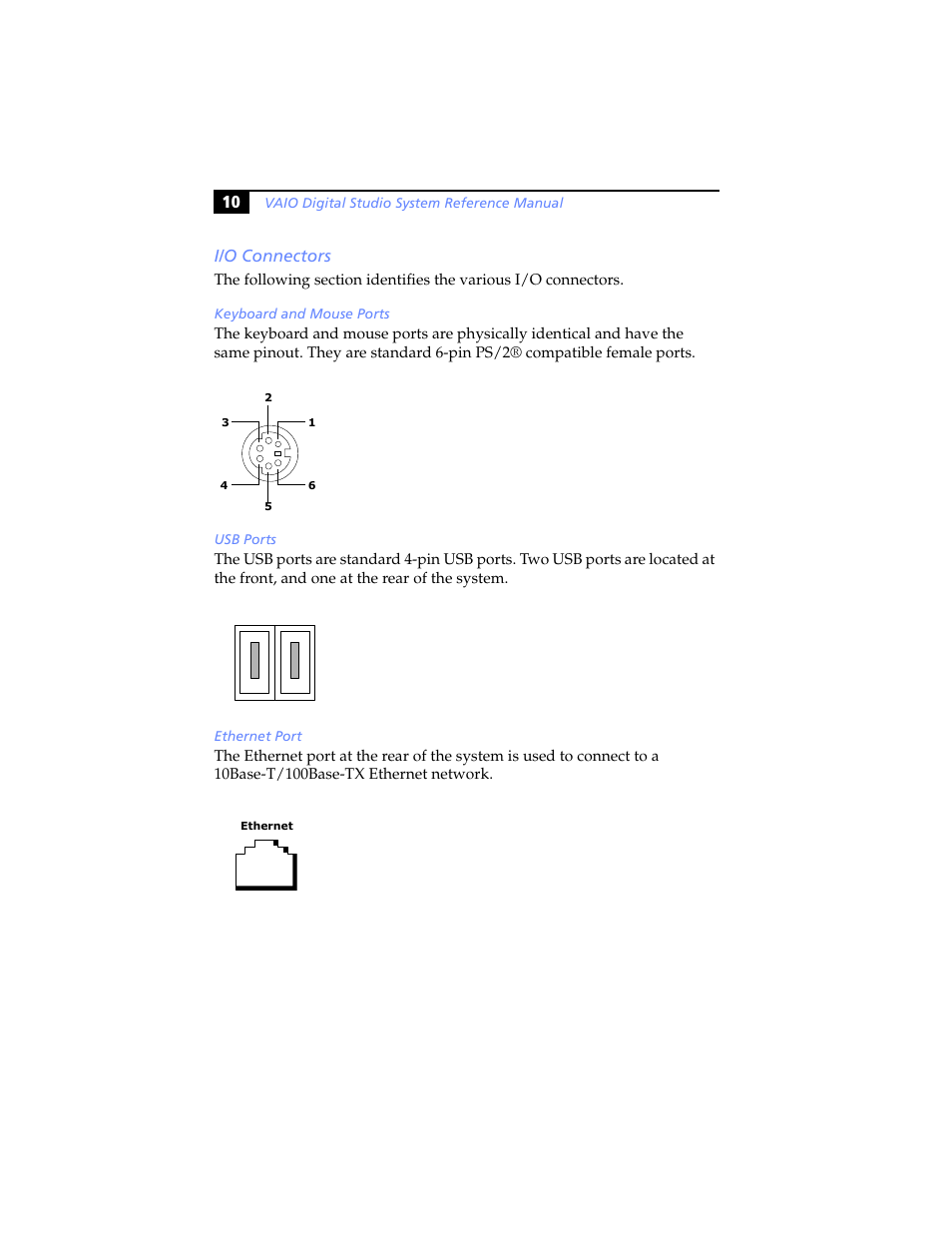 I/o connectors, Keyboard and mouse ports, Usb ports | Ethernet port, 10 i/o connectors | Sony PCV-RX590G User Manual | Page 22 / 98