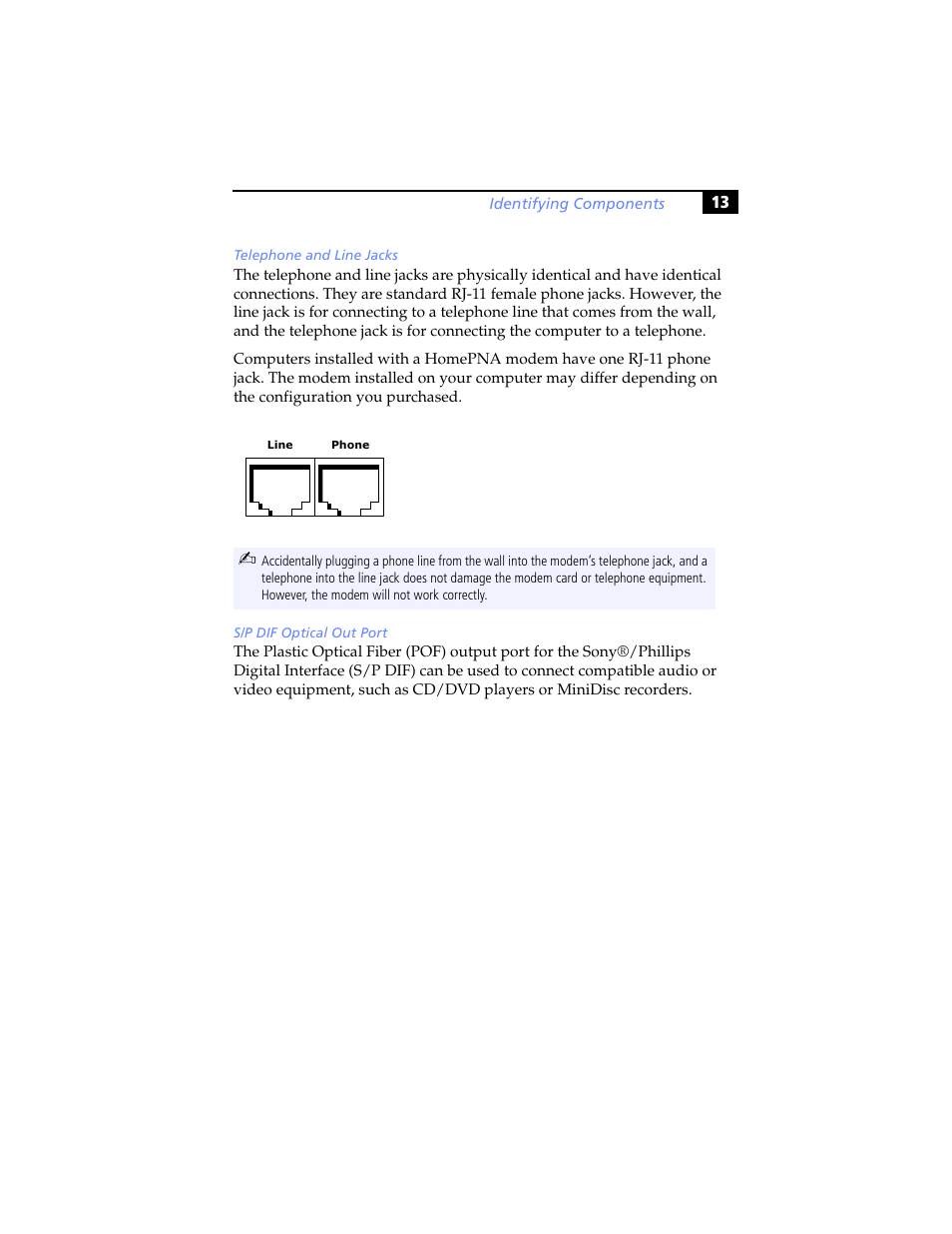Telephone and line jacks, S/p dif optical out port | Sony PCV-RX590G User Manual | Page 25 / 98