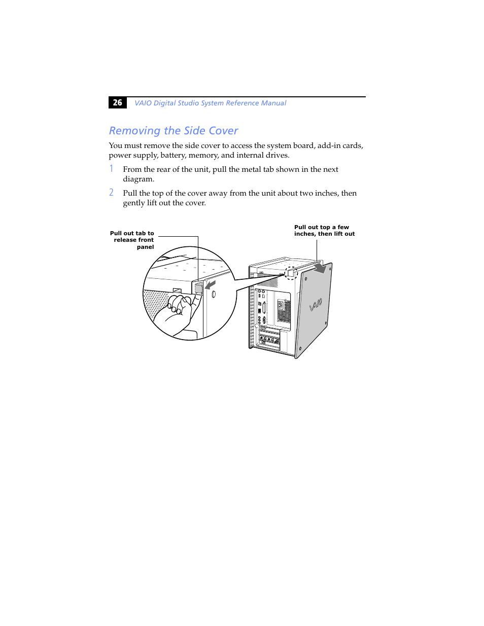 Removing the side cover | Sony PCV-RX590G User Manual | Page 38 / 98