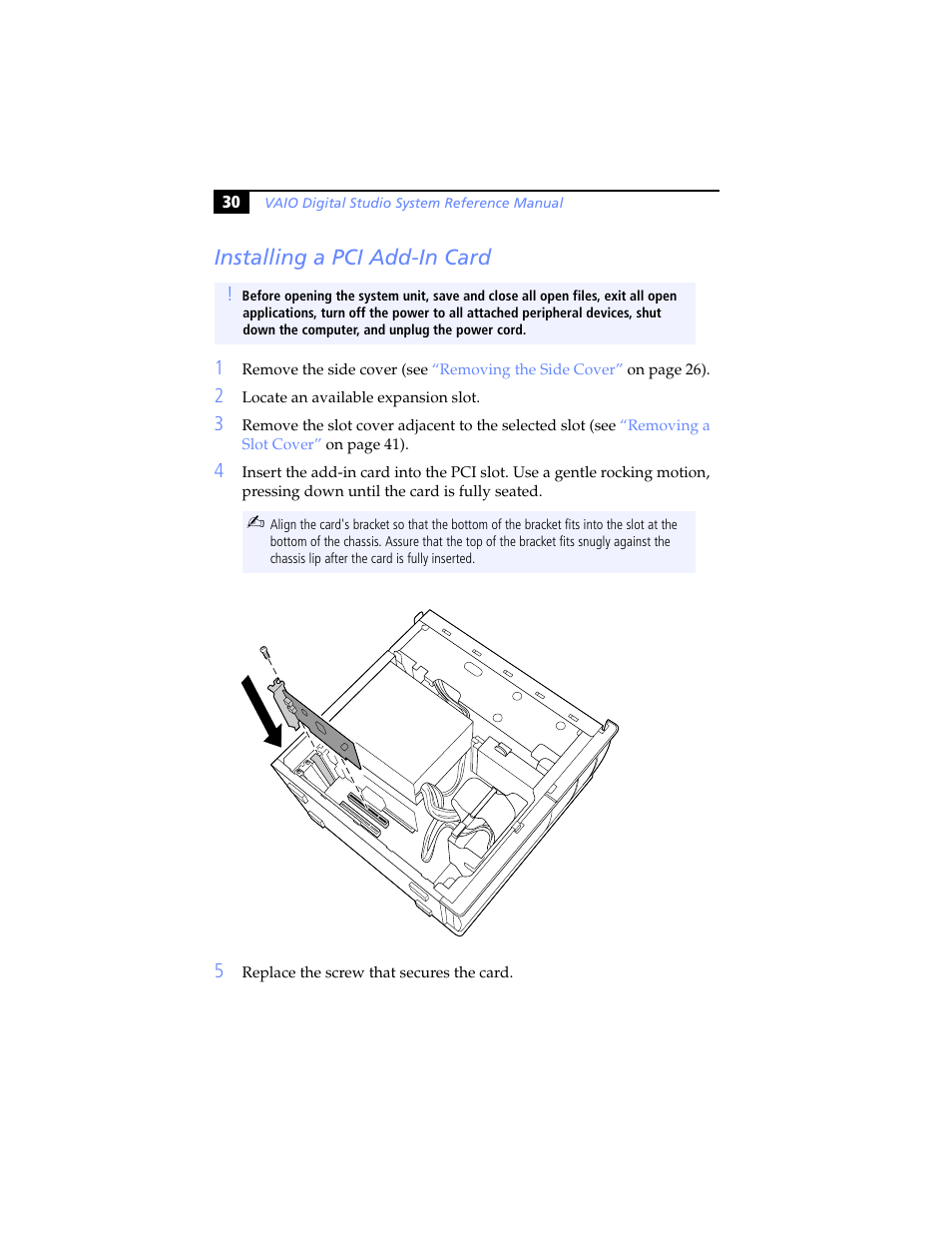 Installing a pci add-in card | Sony PCV-RX590G User Manual | Page 42 / 98