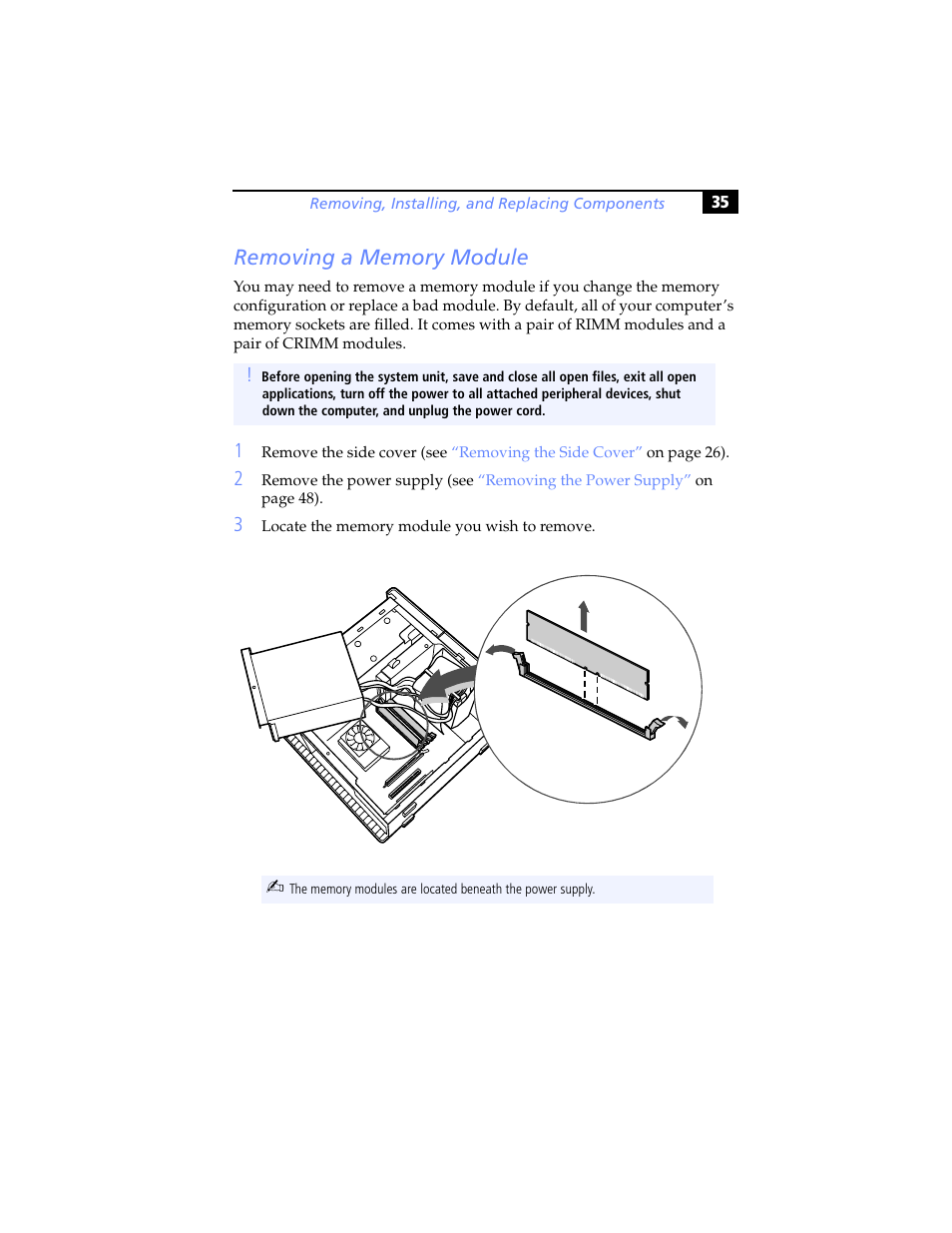 Removing a memory module | Sony PCV-RX590G User Manual | Page 47 / 98