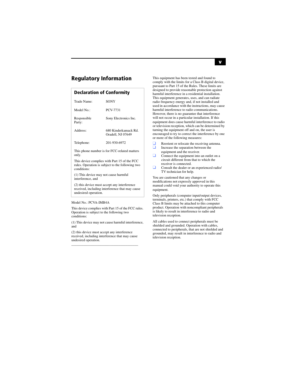 Regulatory information, Declaration of conformity | Sony PCV-RX590G User Manual | Page 5 / 98