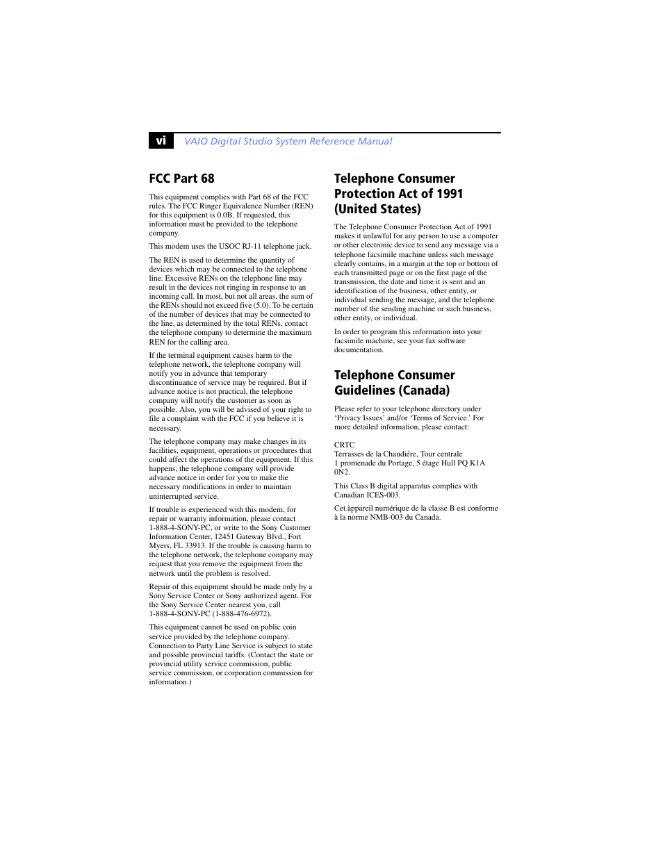 Fcc part 68, Telephone consumer guidelines (canada) | Sony PCV-RX590G User Manual | Page 6 / 98