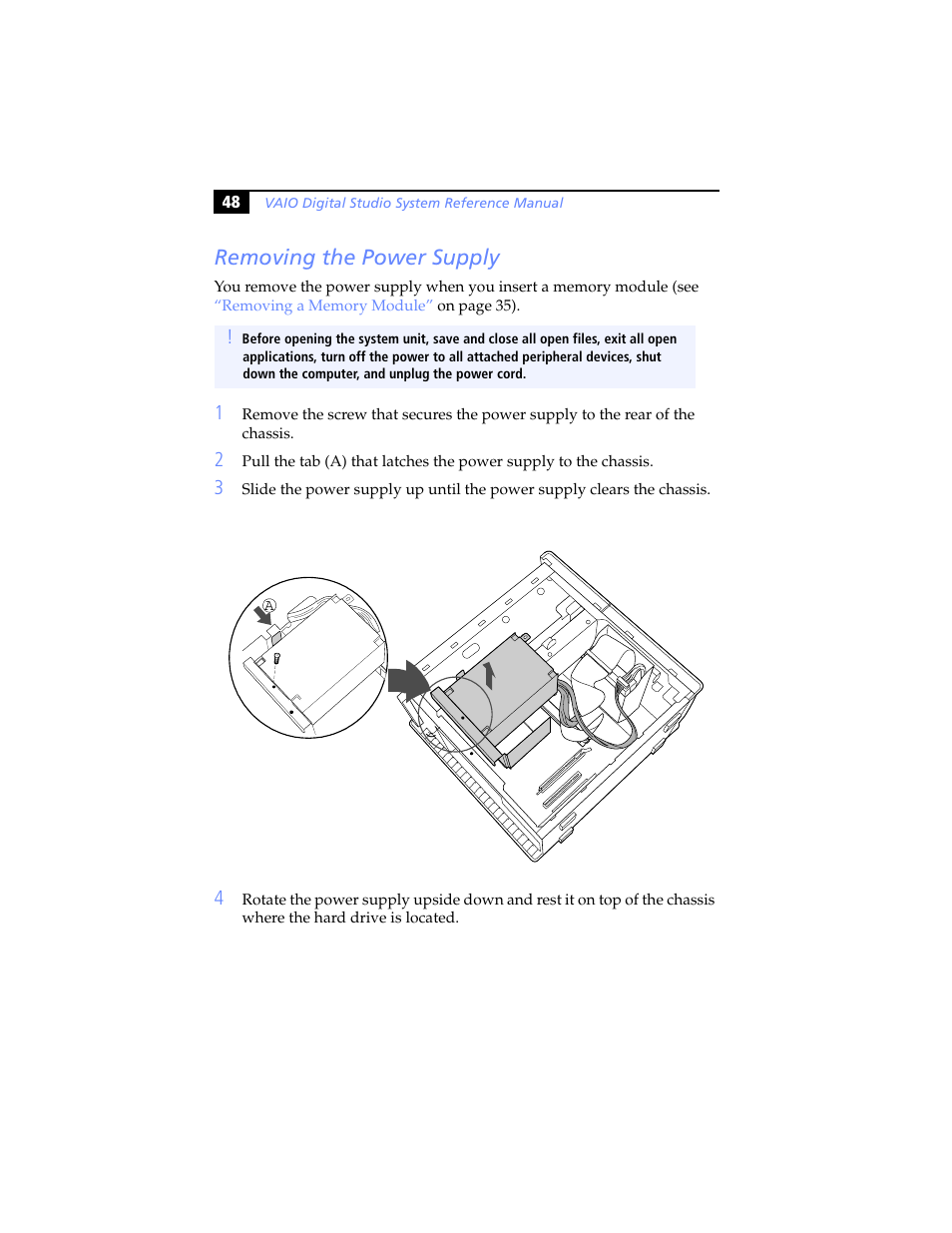 Removing the power supply | Sony PCV-RX590G User Manual | Page 60 / 98