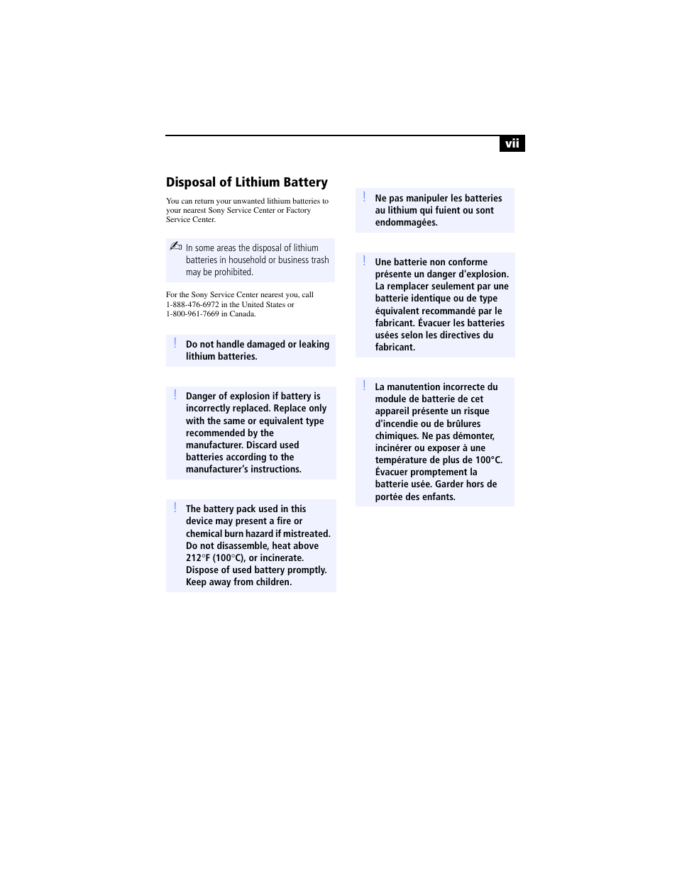 Disposal of lithium battery | Sony PCV-RX590G User Manual | Page 7 / 98