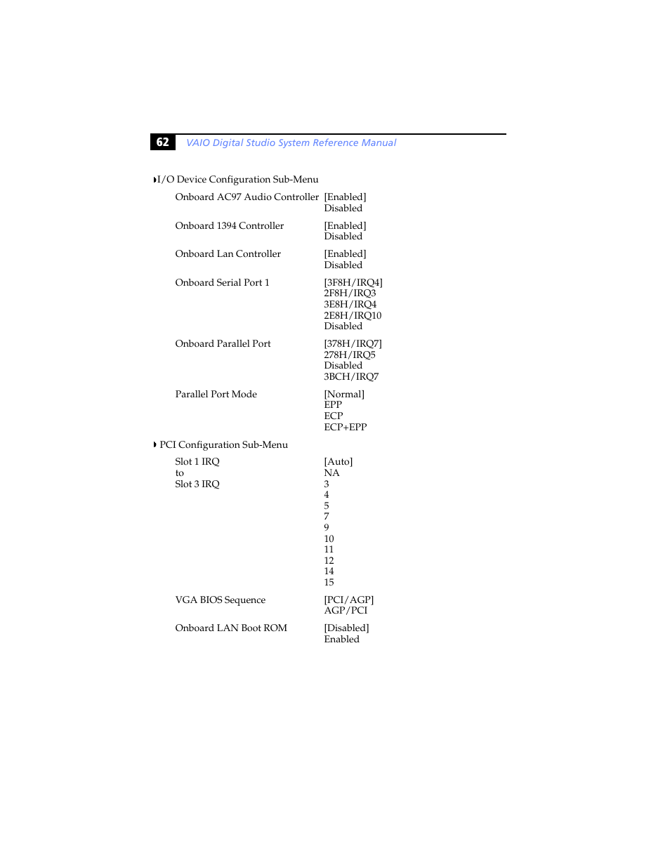 I/o device configuration sub-menu, Pci configuration sub-menu | Sony PCV-RX590G User Manual | Page 74 / 98