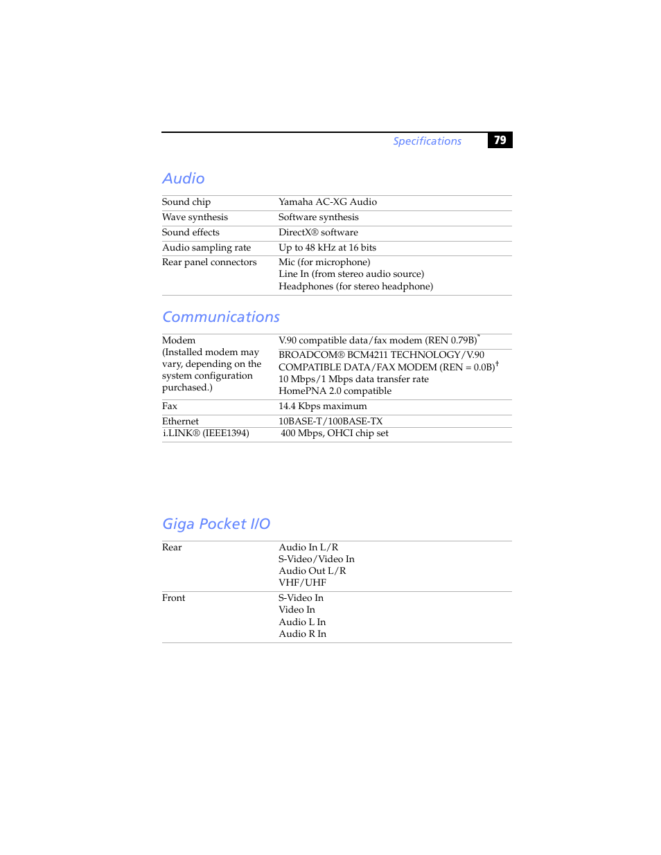 Audio, Communications, Giga pocket i/o | Audio communications giga pocket i/o | Sony PCV-RX590G User Manual | Page 91 / 98