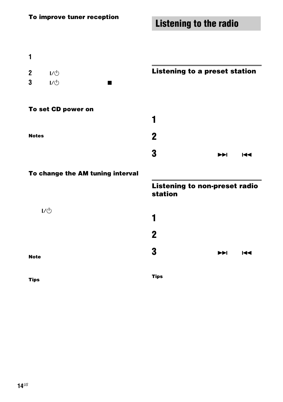 Listening to the radio, Preset tuning, Manual tuning | Preset tuning — manual tuning | Sony HCD-ZX9 User Manual | Page 14 / 40