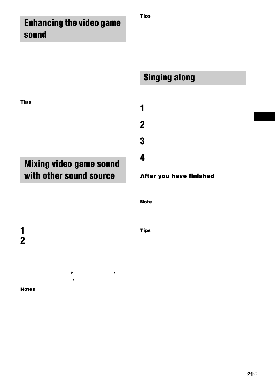 Enhancing the video game sound, Game sync, Mixing video game sound with other sound source | Game mixing, Singing along, Mixing video game sound with other, Sound source — game mixing | Sony HCD-ZX9 User Manual | Page 21 / 40