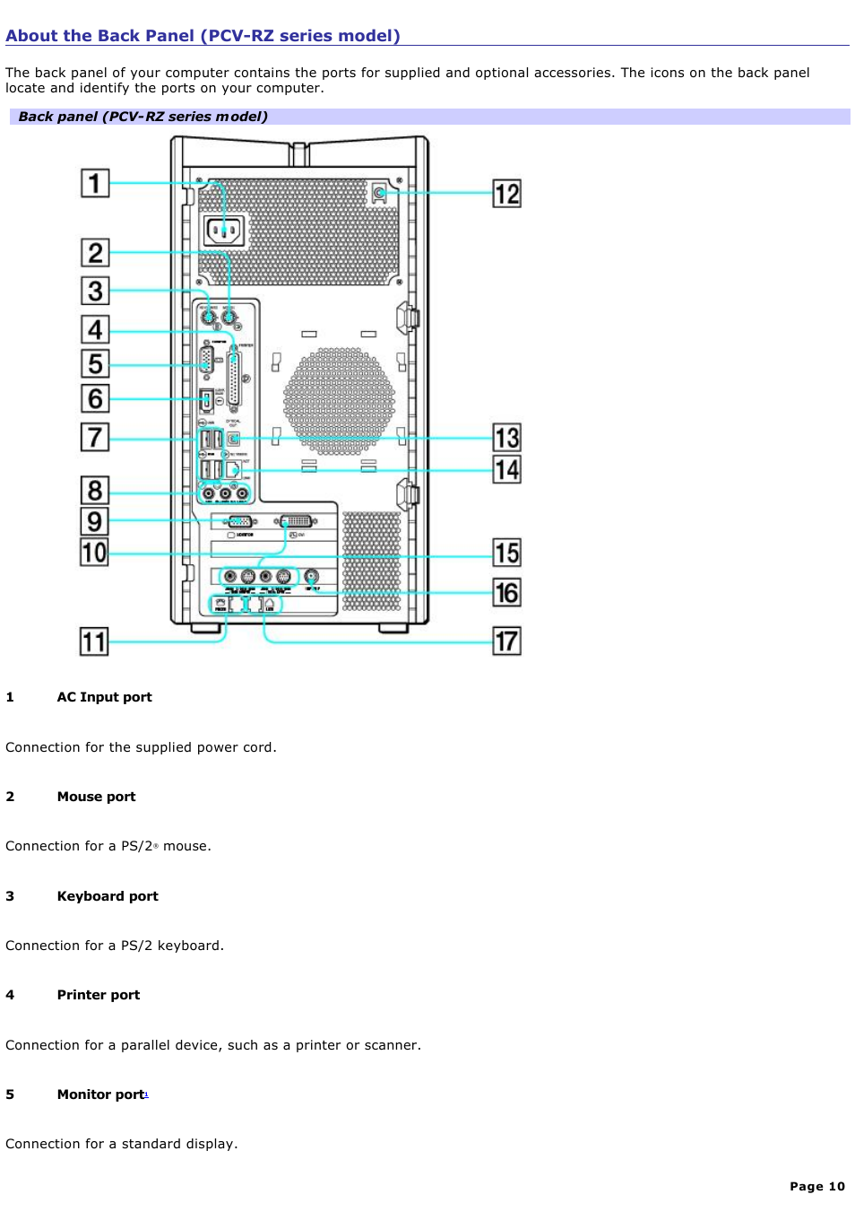 About the back panel (pcv-rz series model) | Sony PCV-RZ20CP User Manual | Page 10 / 87