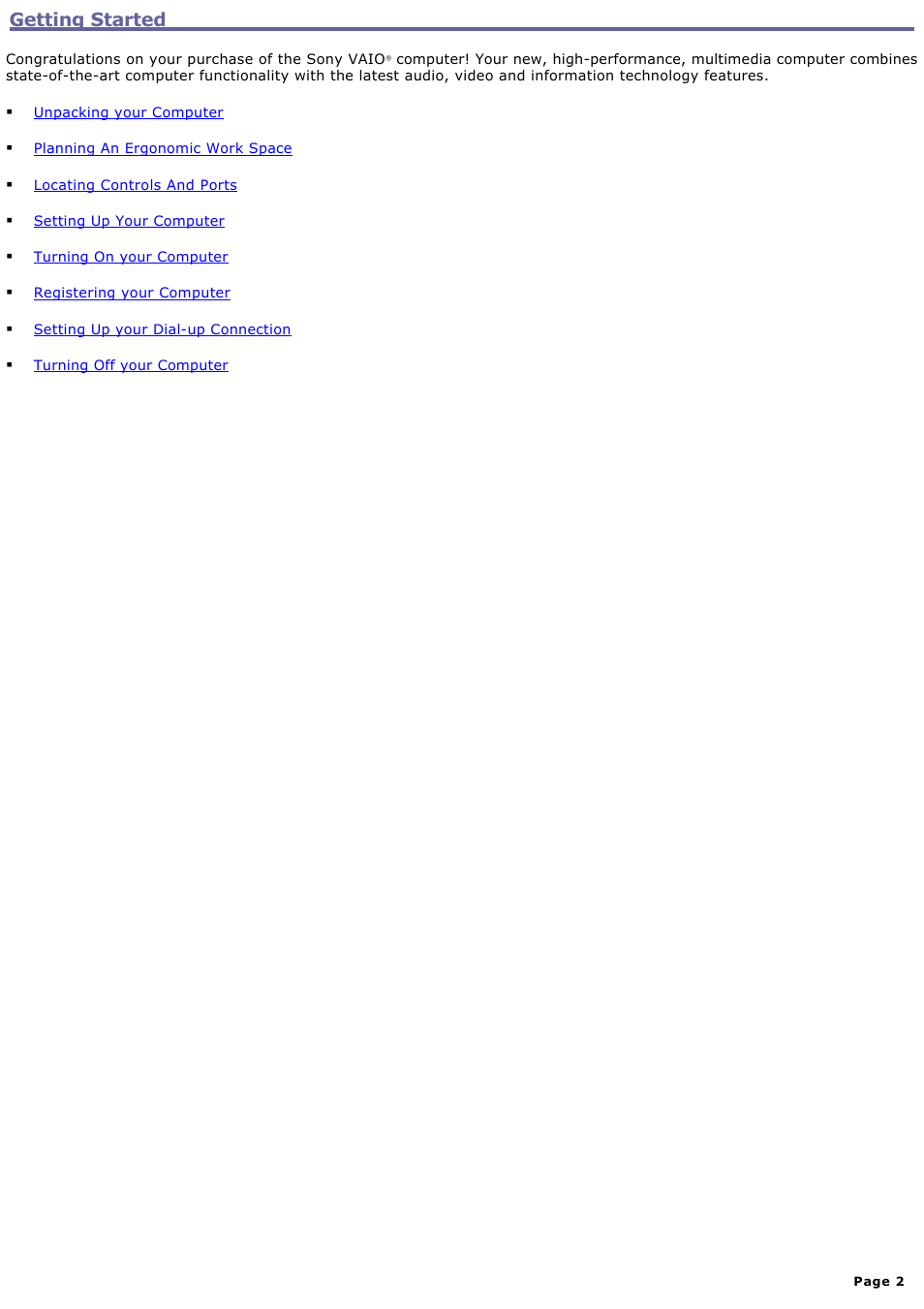 Getting started | Sony PCV-RZ20CP User Manual | Page 2 / 87