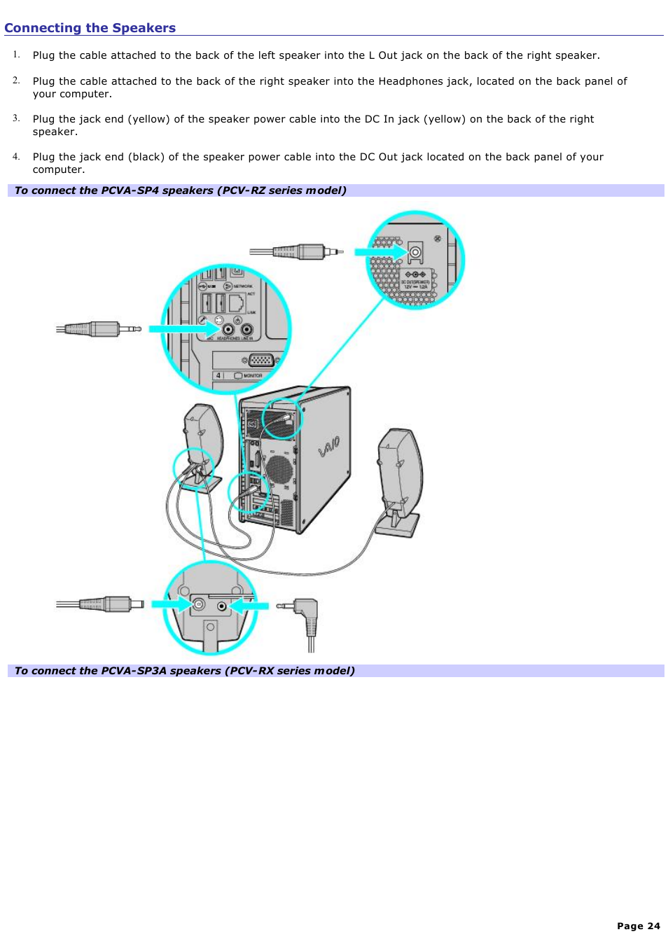 Connecting the speakers | Sony PCV-RZ20CP User Manual | Page 24 / 87