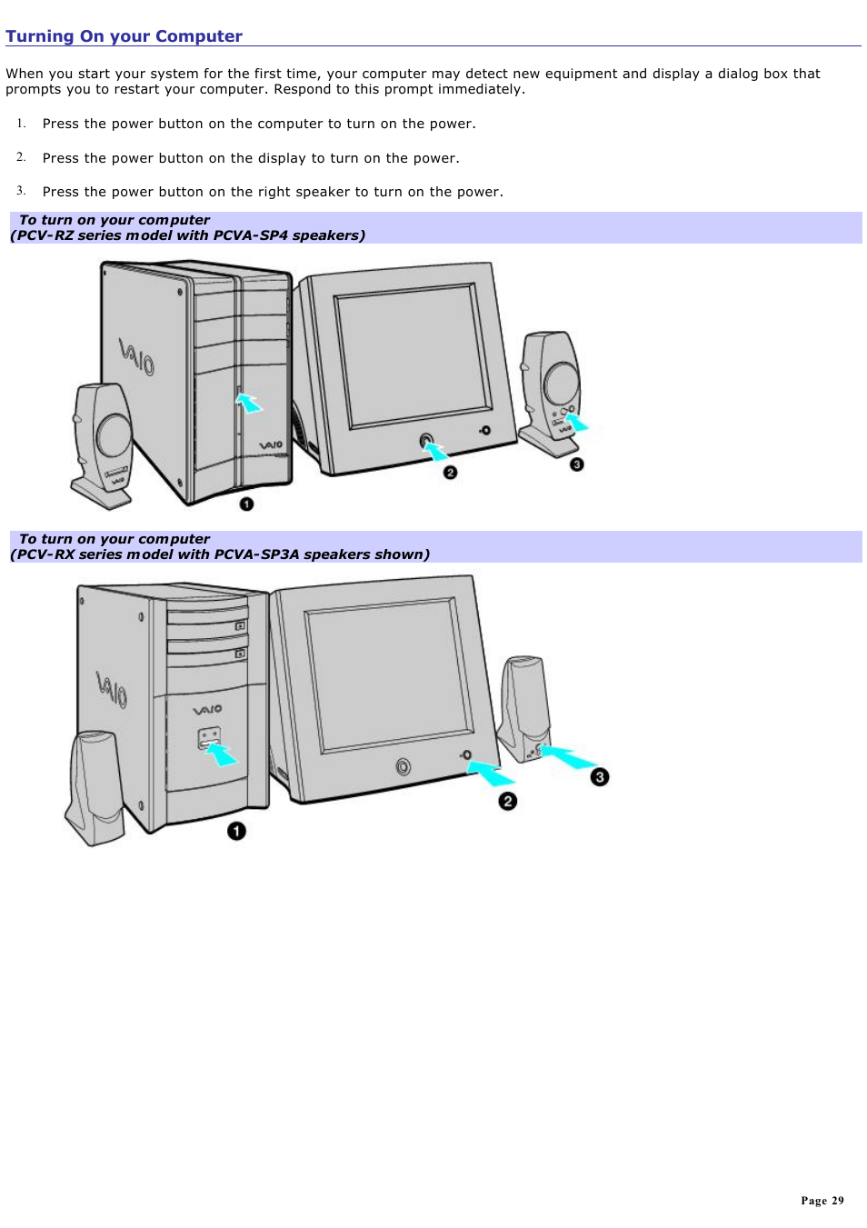 Turning on your computer | Sony PCV-RZ20CP User Manual | Page 29 / 87