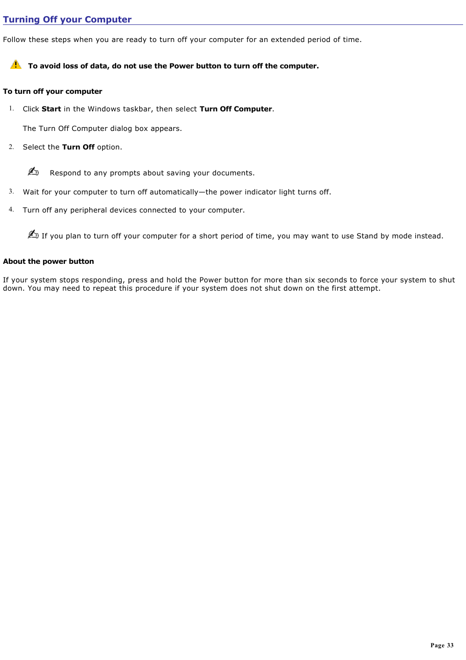 Turning off your computer | Sony PCV-RZ20CP User Manual | Page 33 / 87