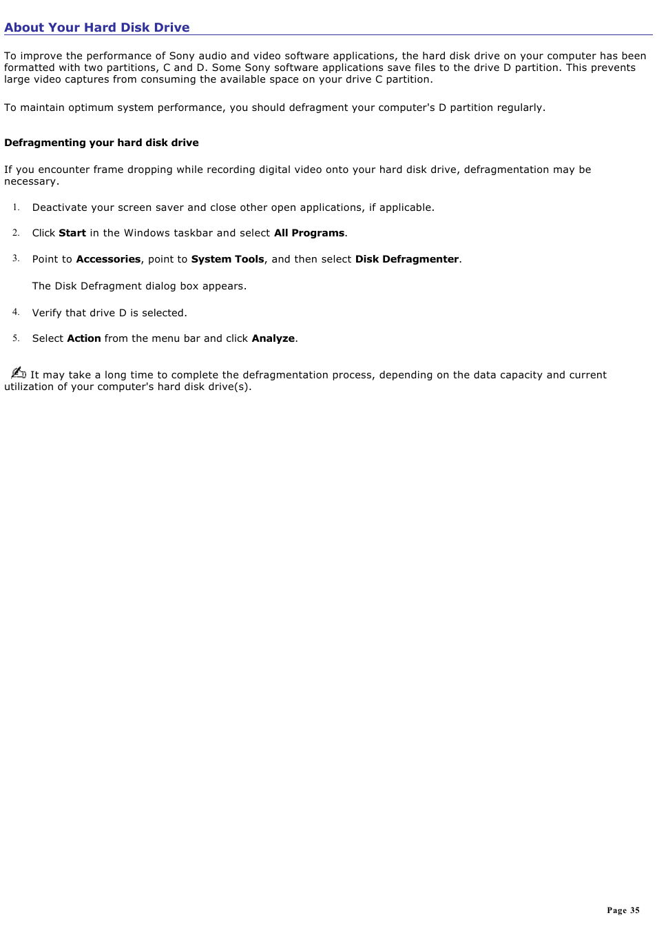About your hard disk drive | Sony PCV-RZ20CP User Manual | Page 35 / 87