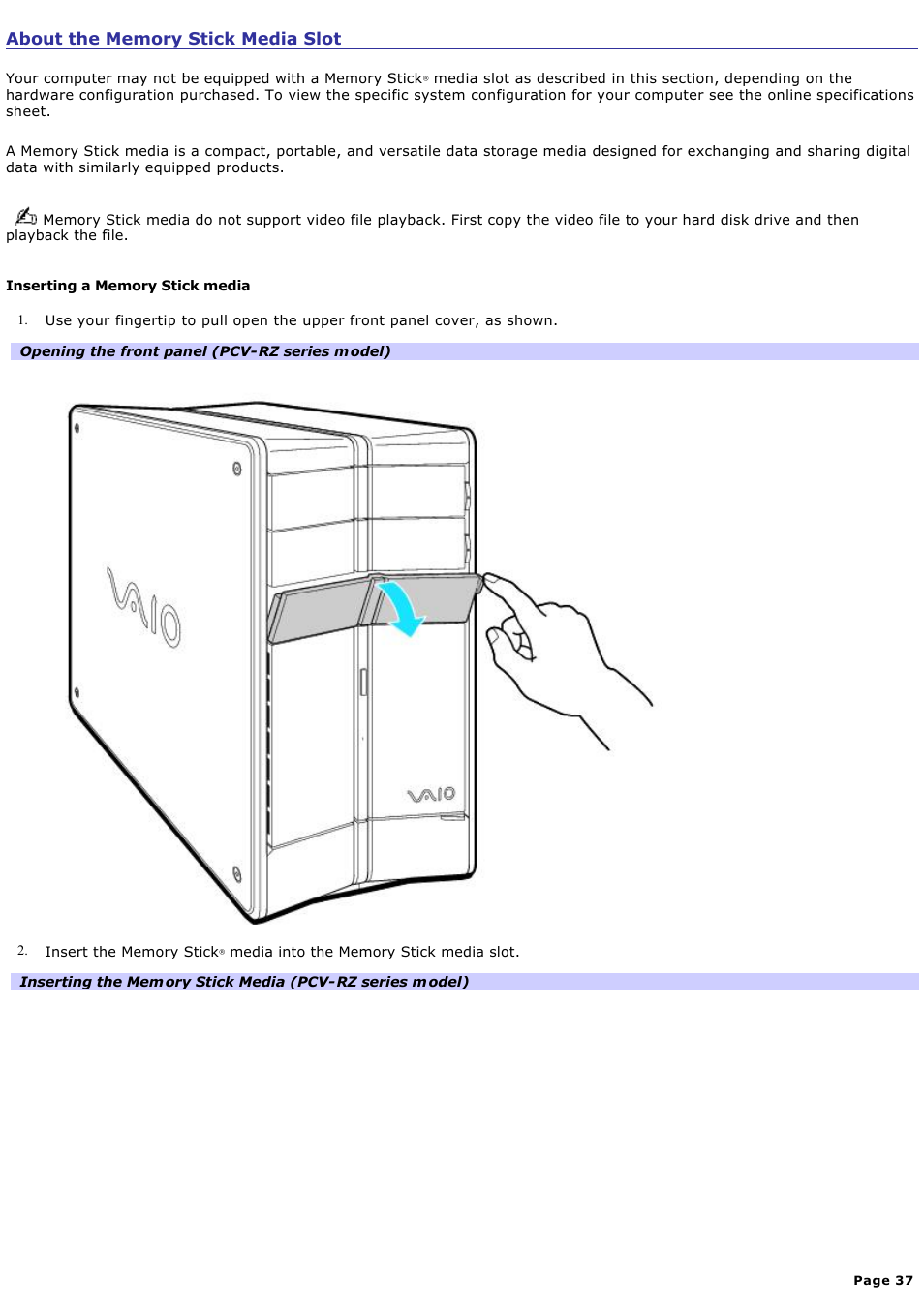 About the memory stick media slot | Sony PCV-RZ20CP User Manual | Page 37 / 87