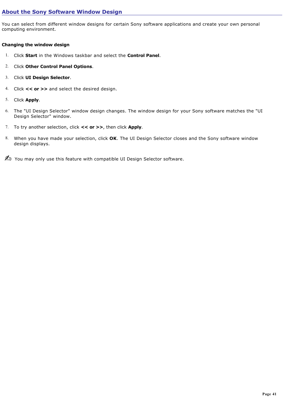 About the sony software window design | Sony PCV-RZ20CP User Manual | Page 41 / 87