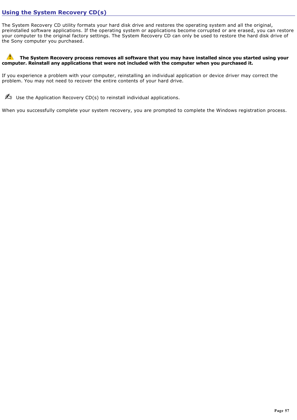 Using the system recovery cd(s) | Sony PCV-RZ20CP User Manual | Page 57 / 87