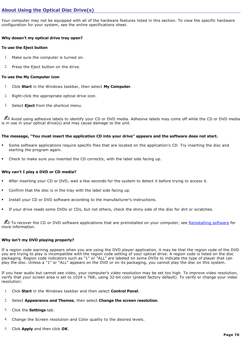 About using the optical disc drive(s) | Sony PCV-RZ20CP User Manual | Page 70 / 87