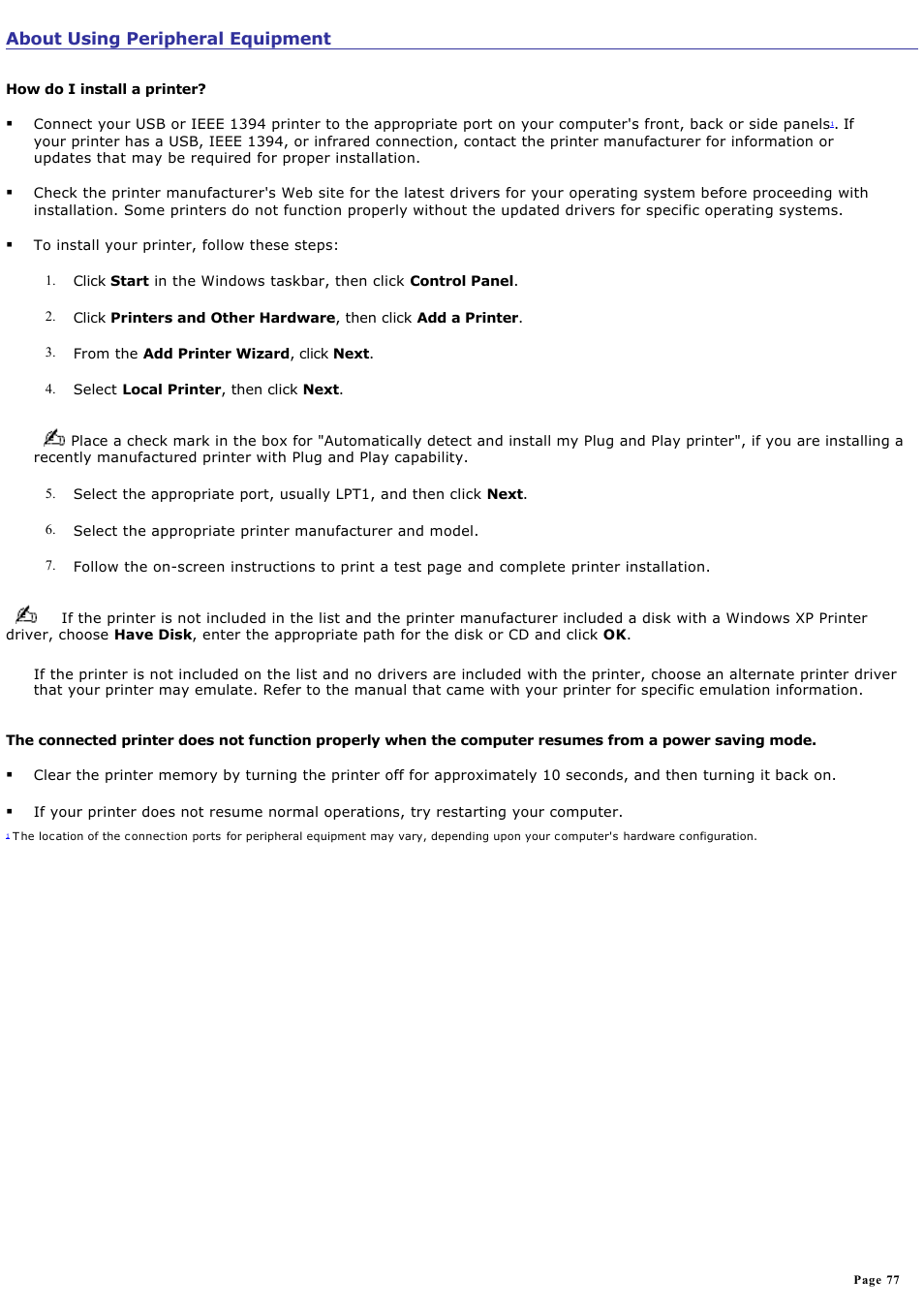 About using peripheral equipment | Sony PCV-RZ20CP User Manual | Page 77 / 87