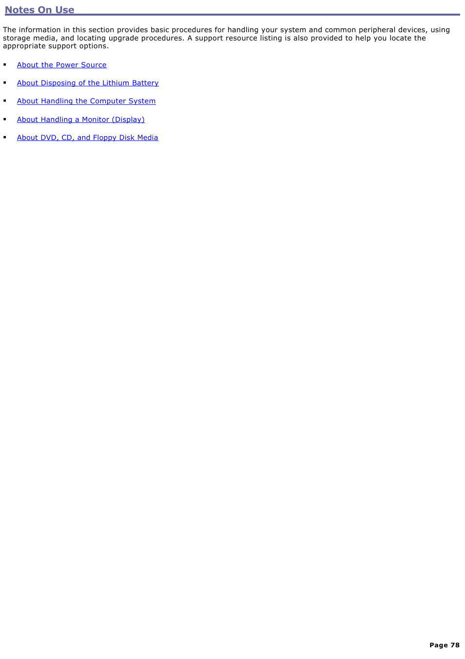 Notes on use | Sony PCV-RZ20CP User Manual | Page 78 / 87