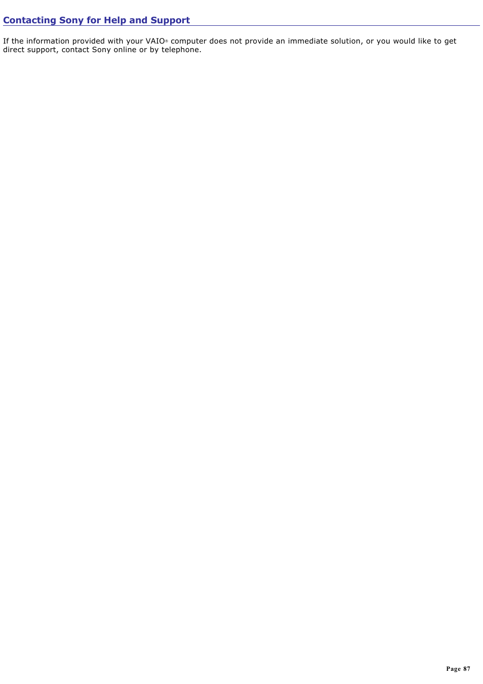 Contacting sony for help and support | Sony PCV-RZ20CP User Manual | Page 87 / 87