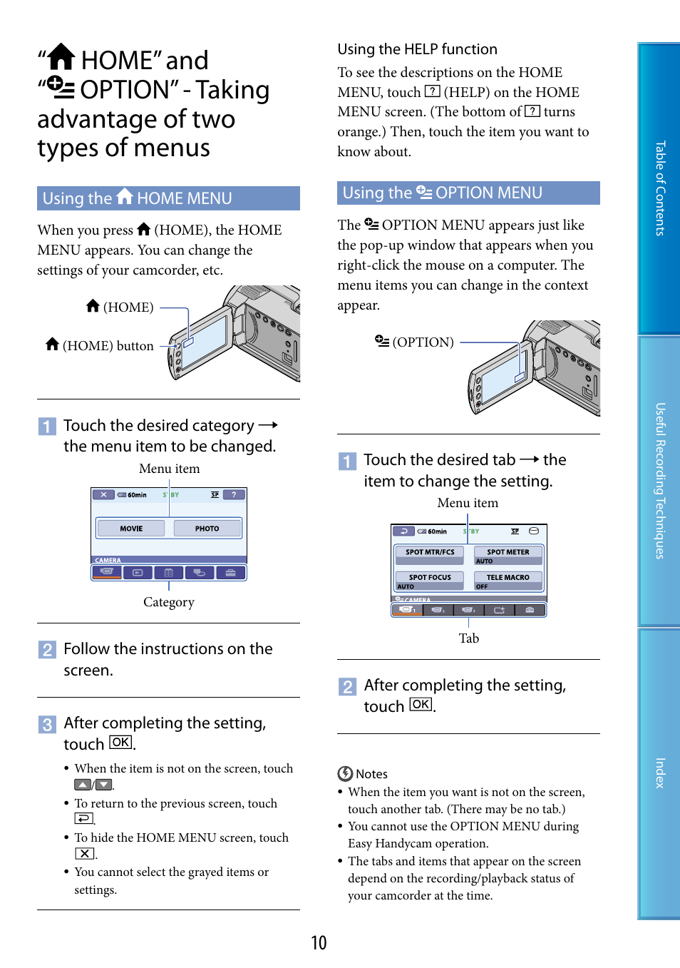 Using the home menu, Using the option menu, Using the home menu using the option menu | Ouch panel (10, 34), N (10) | Sony DCR-SR87 User Manual | Page 10 / 107