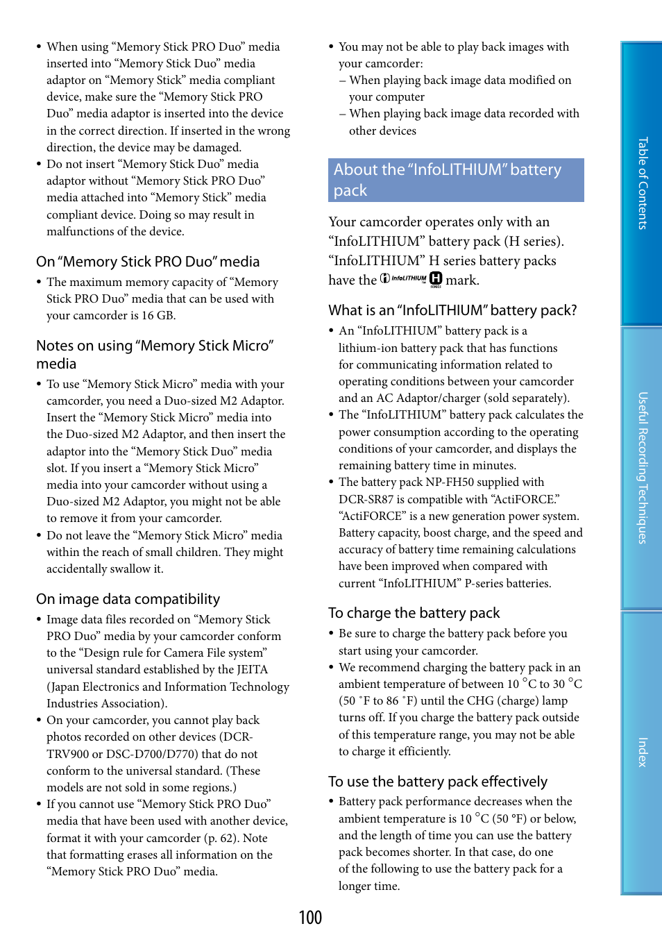 About the “infolithium” battery pack, On image data compatibility, What is an “infolithium” battery pack | Sony DCR-SR87 User Manual | Page 100 / 107