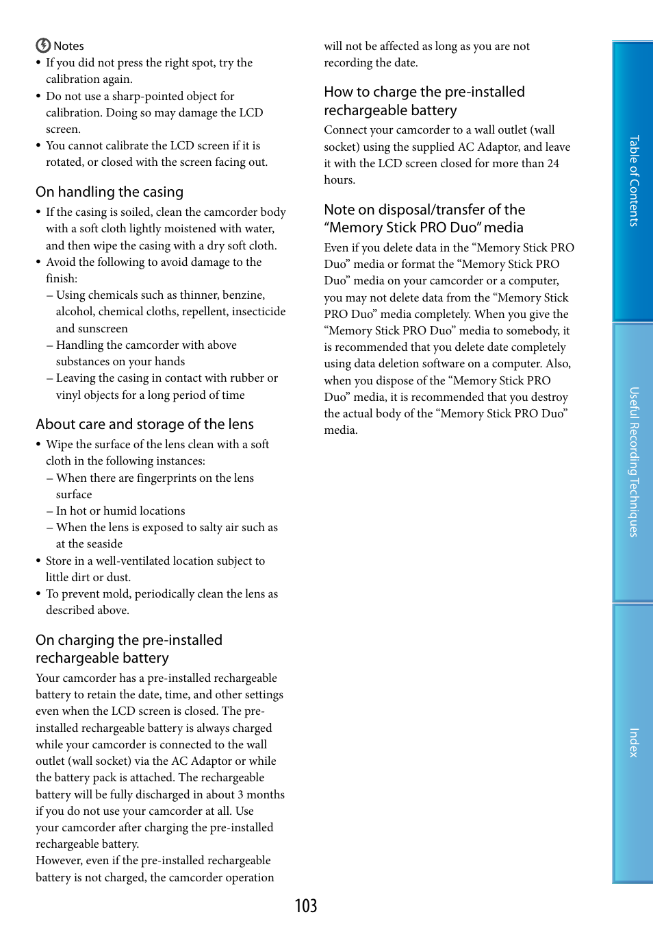 On handling the casing, About care and storage of the lens, On charging the pre-installed rechargeable battery | Sony DCR-SR87 User Manual | Page 103 / 107